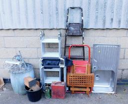 Various ladders, to include a folding step ladder, an aluminium sink, 100cm wide, oil can, galvanise