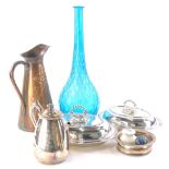 Various silver plated ware, etc., an Art Nouveau copper jug, 36cm high, pharmaceutical style bottle
