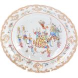An 18thC Chinese porcelain famille rose plate, enamel decorated with an emperor in procession with a