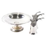 A pair of 20thC silver plated stag head stirrup cups, each 14cm high, and a further silver plated fo