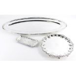 A collection of silver plated ware trays, to include a fish platter, 74cm long, a salver with piecru