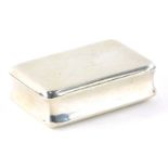 A George IV silver snuff box, of rectangular form with thumb mould handle, faint crest and inscripti