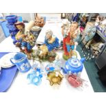 Three various crib figures, Jasperware teapot, milk jug and various glassware, Murano type, fish, va