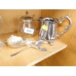 A silver topped cut glass preserve jar with silver spoon, silver plated flat ware, etc. (a small qua