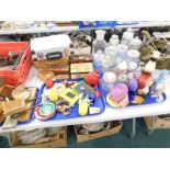 Various glass jars, cat ornaments, McDonalds toys, cases, domed boxes, one decoration box decorated