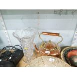A copper and brass kettle and large cut glass flower vase. (2)