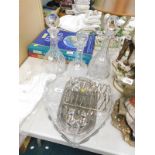Three cut glass decanters, heart shaped glass serving dish, plated ware, toast rack, etc. (a quantit