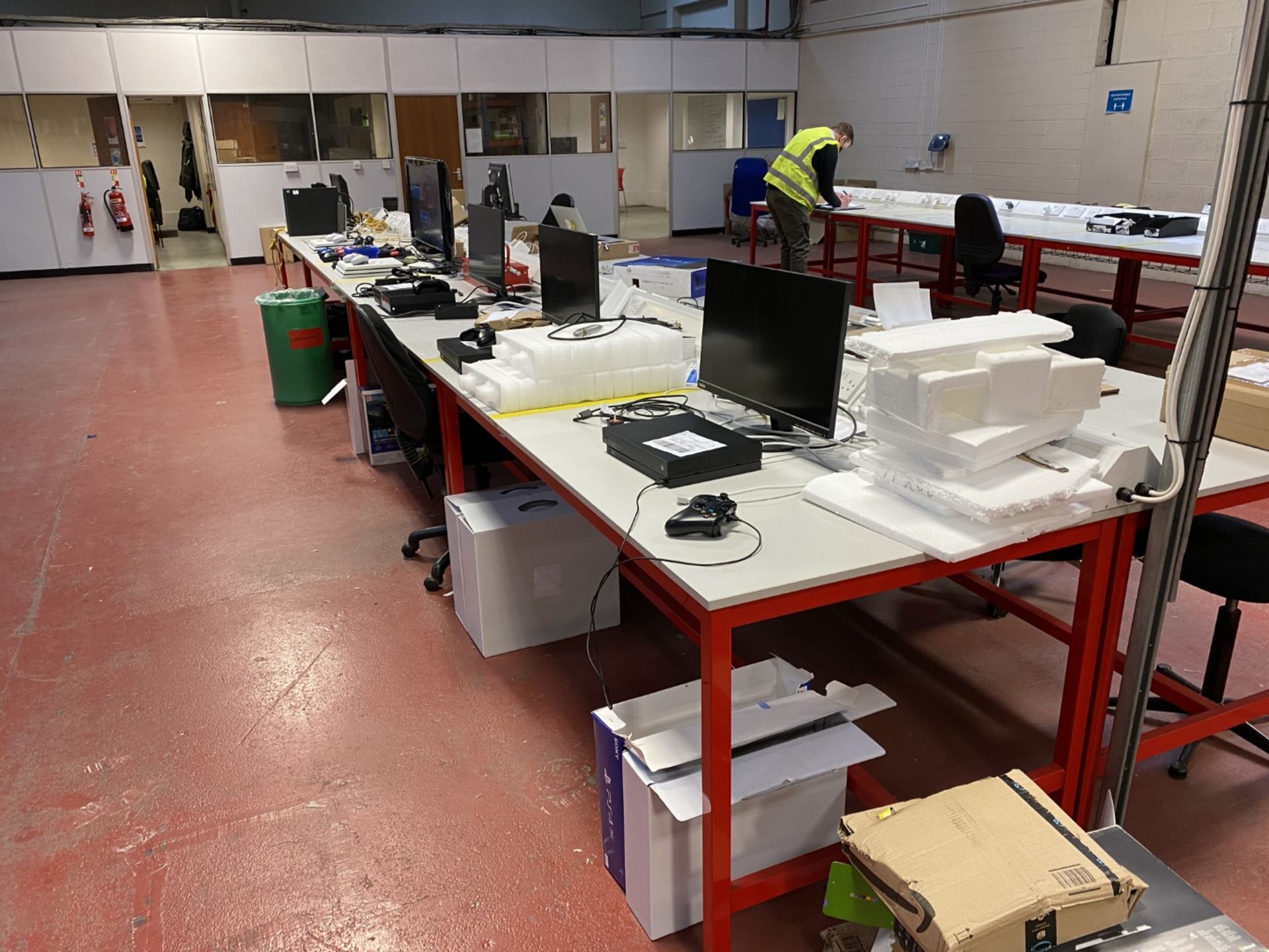 4x Worktop table, red frame, laminate worktop, trunking with sockets, data and RCD protection