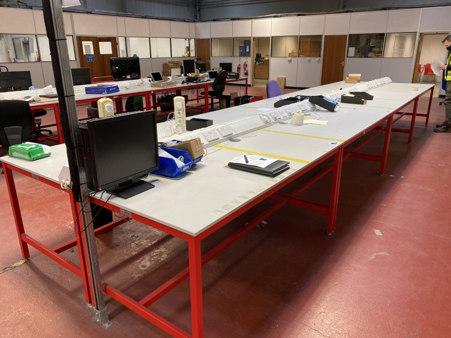 4x Worktop table, red frame, laminate worktop, trunking with sockets, data and RCD protection