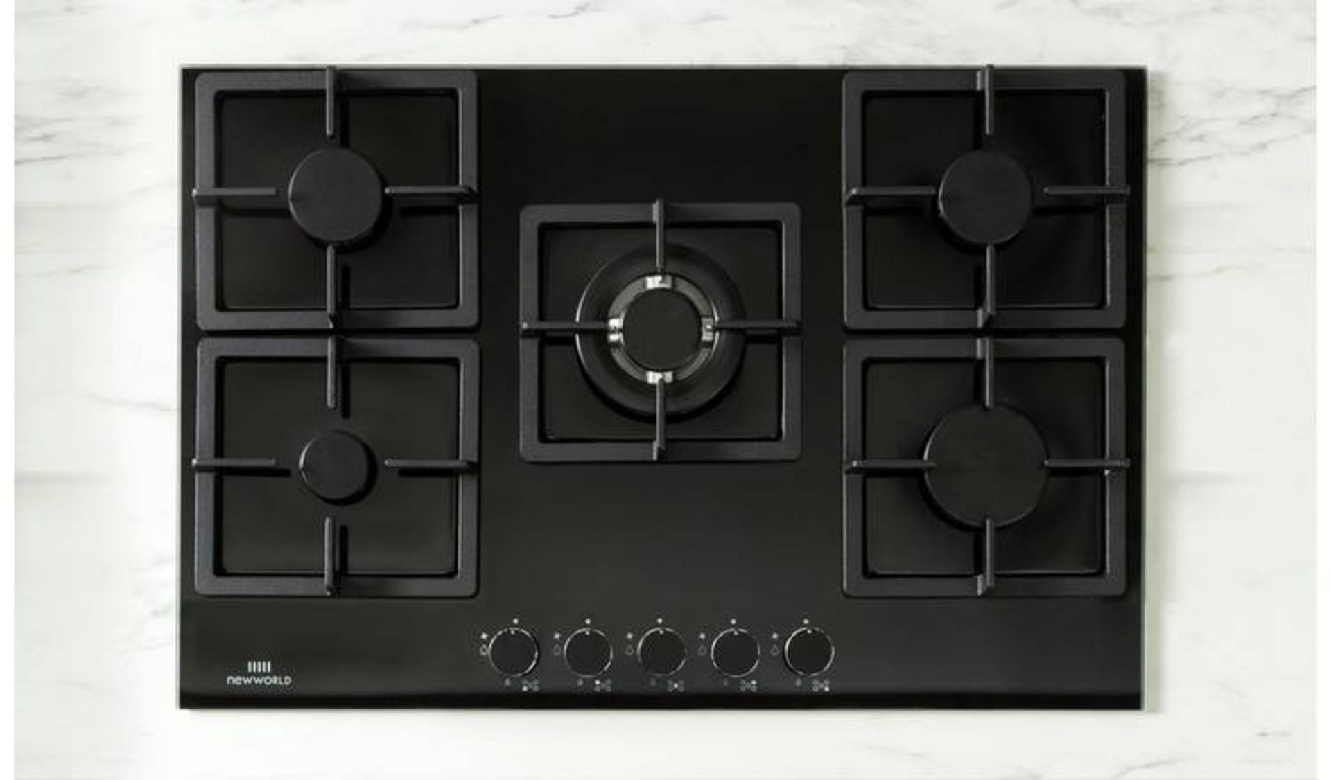 + VAT Grade A/B New World NWLEG75 Cast Iron Support Gas Hob - Five Cooking Zones - Dial Control -