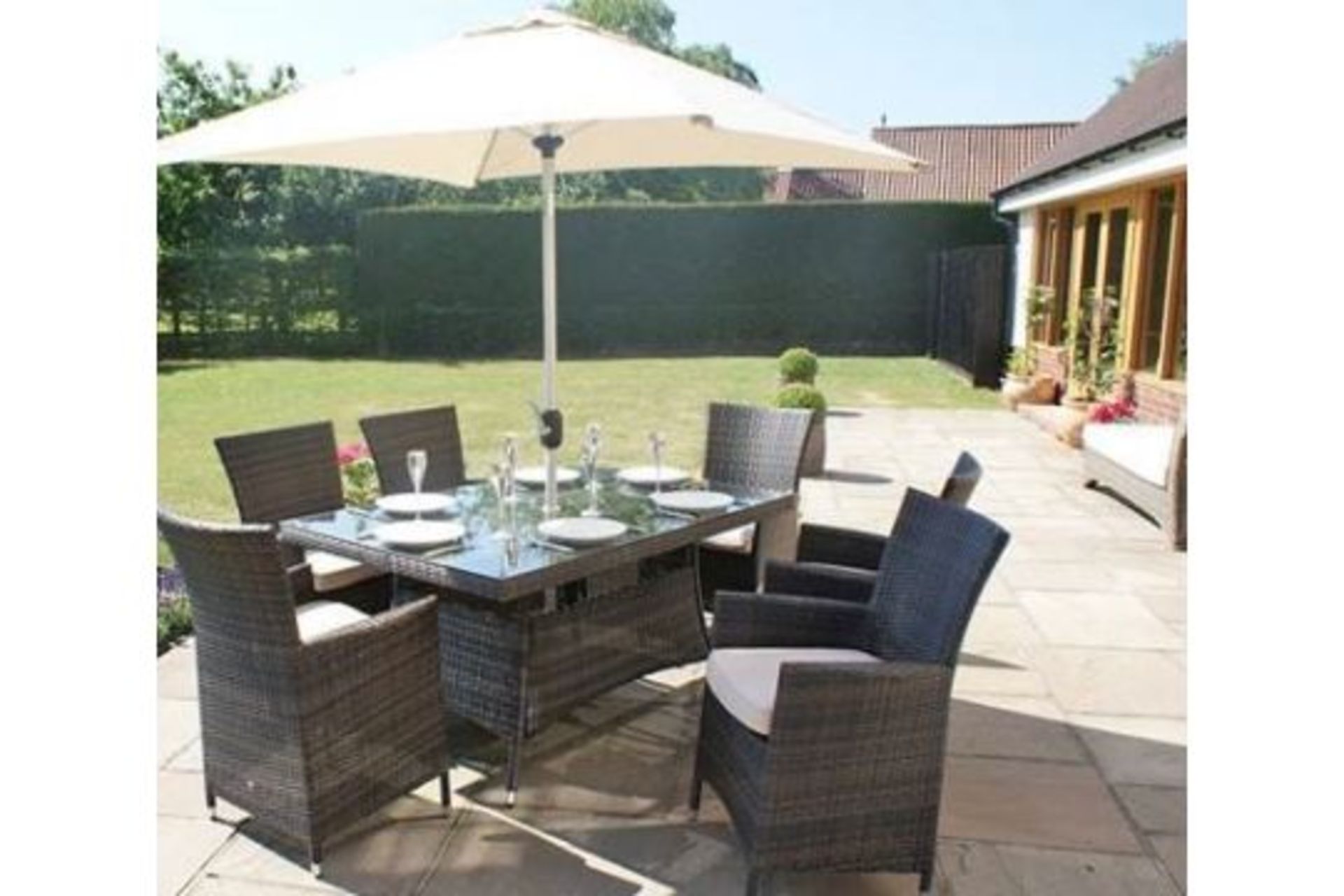 + VAT Brand New Chelsea Garden Company Six Seat Rectangular Outdoor Dining Set - Grey Rattan &