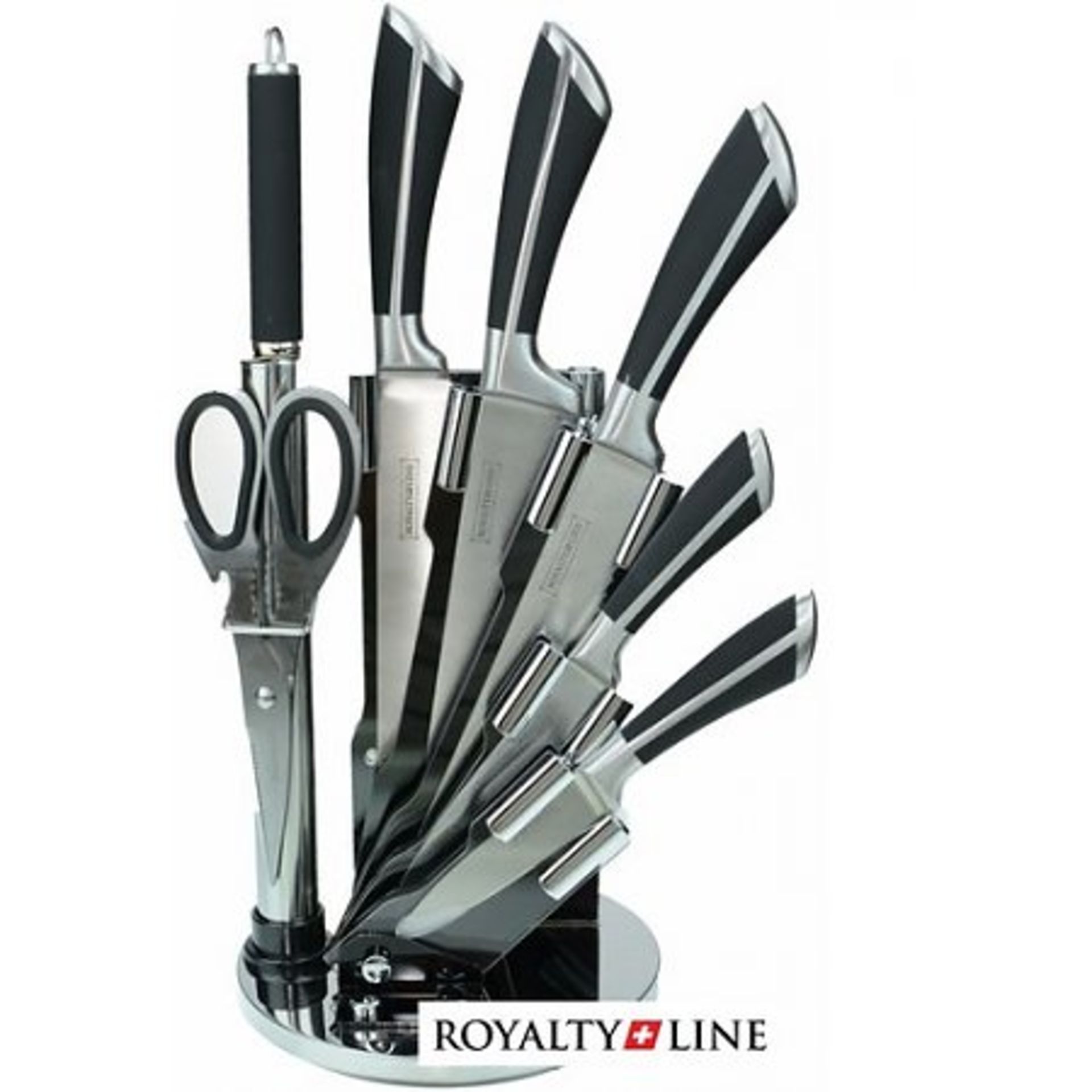 + VAT Brand New Eight Piece Stainless Steel Knife Set In Acrylic Stand - Rotates 360 Degrees -