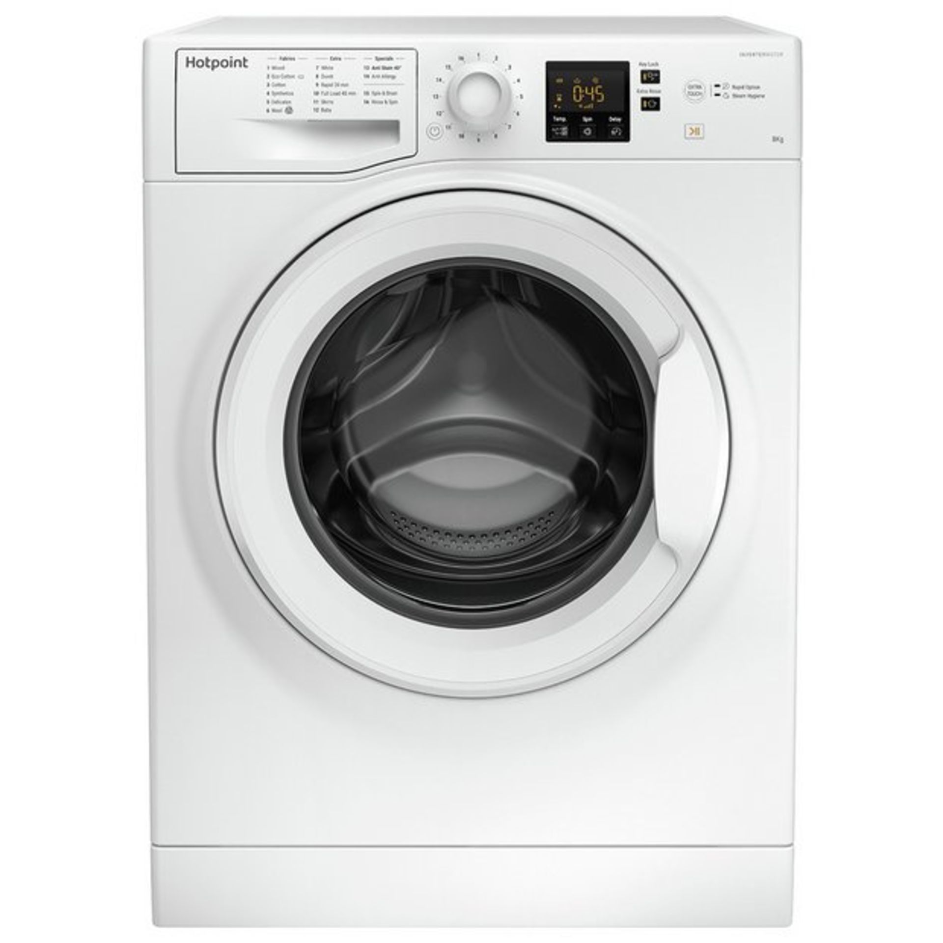 + VAT Grade A/B Hotpoint NSWM863CW 8Kg 1600 Spin Washing Machine - 16 Programmes - 45 Minute Quick