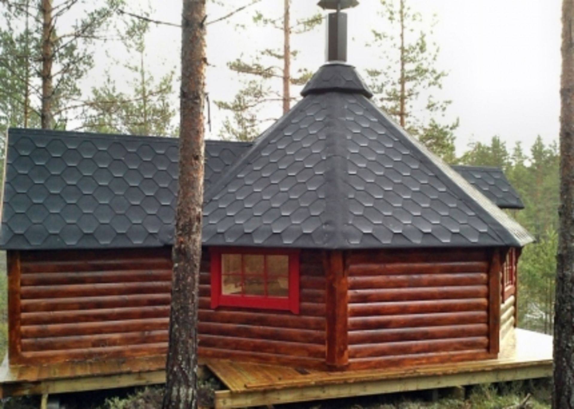 + VAT Brand New 16.5m sq Grill Cabin With Extension - Roof Covered With Bitumen Shingles -