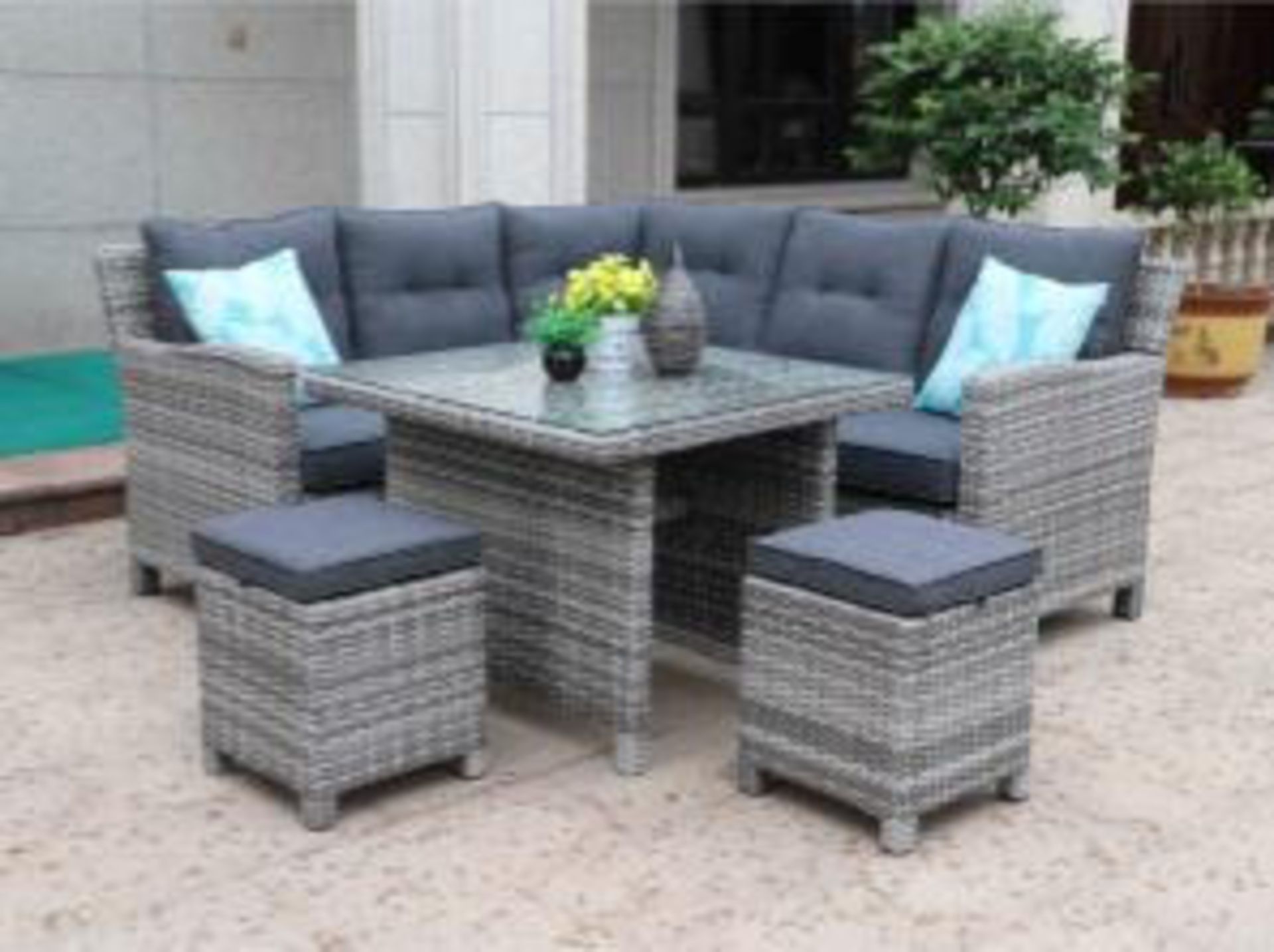 + VAT Brand New Chelsea Garden Company Grey Corner Dining Sets With Cushions Inc Footstools & Glass