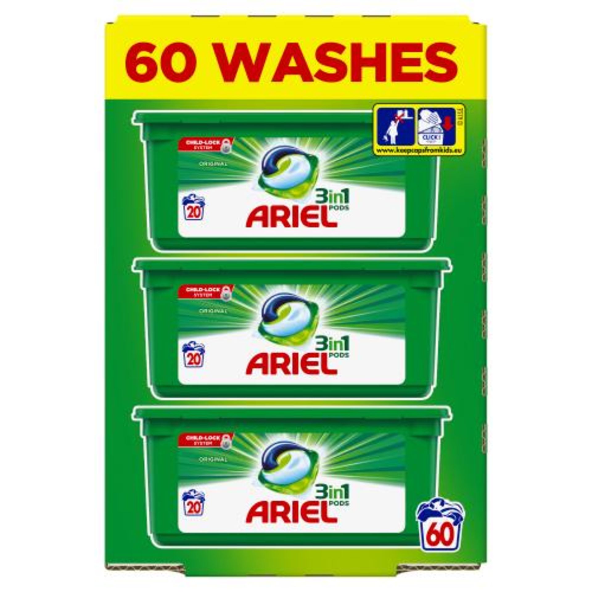 + VAT Brand New Sixty (3x20) Ariel 3 In 1 Washing Pods - Cleans, Lift Stains & Brightens Your
