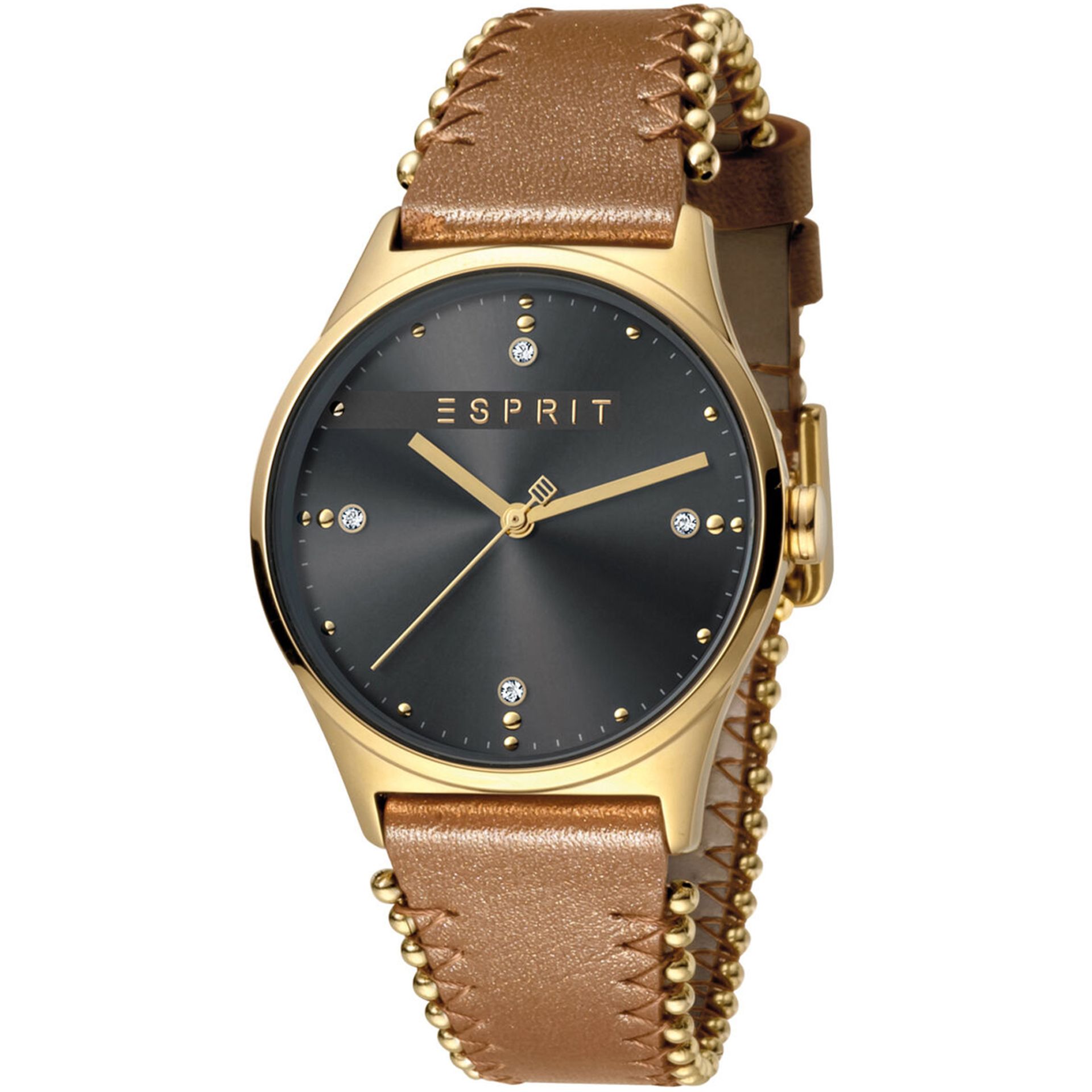 No VAT Brand New Esprit Ladies Watch ES1L032L0035 - Real Leather Strap - Gold Plated Casing - 30m