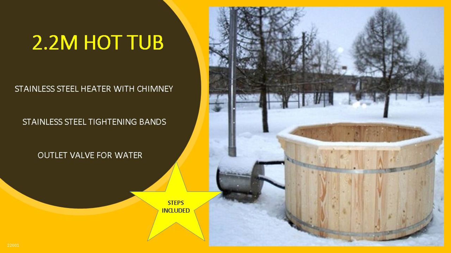 + VAT Brand New 2.2m Spruce Hot Tub with Heater Inside - Stainless Steel Heater with Chimney -