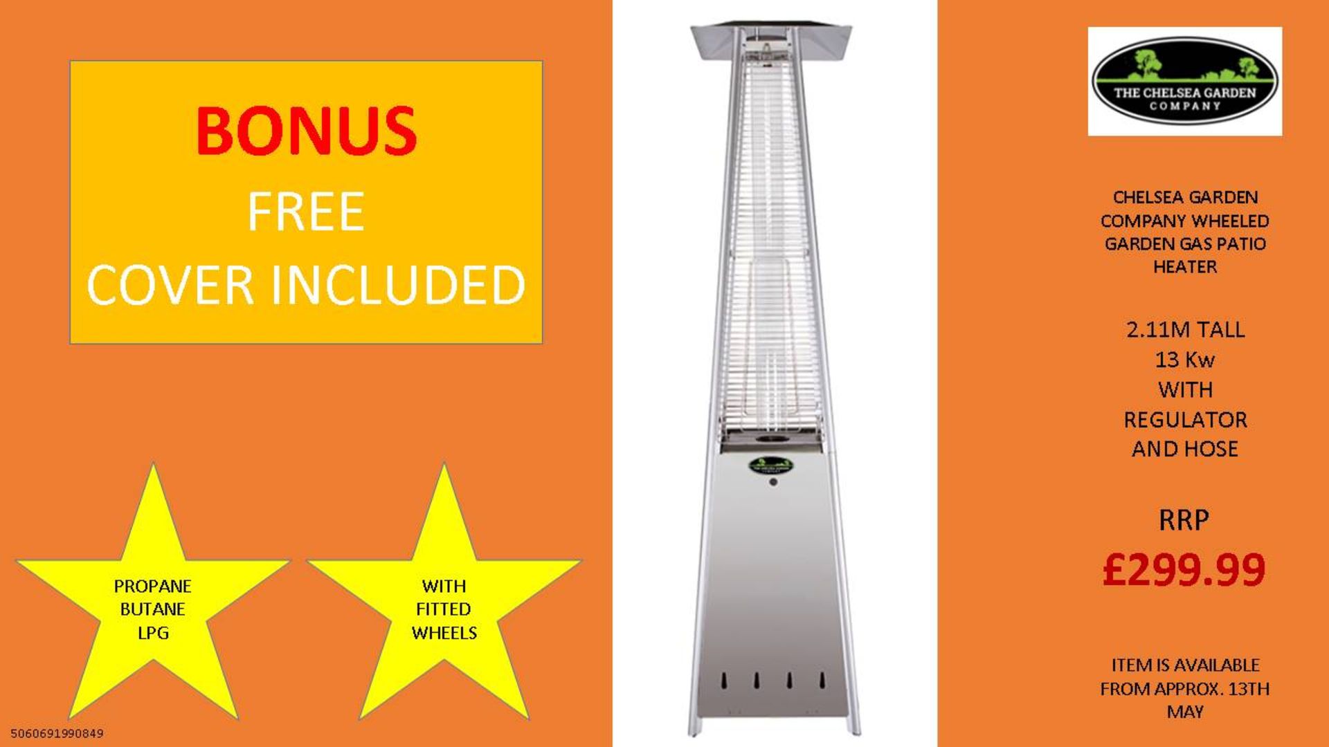 + VAT Brand New Chelsea Garden Company Wheeled Garden Gas Patio Heater With Cover - Item Is