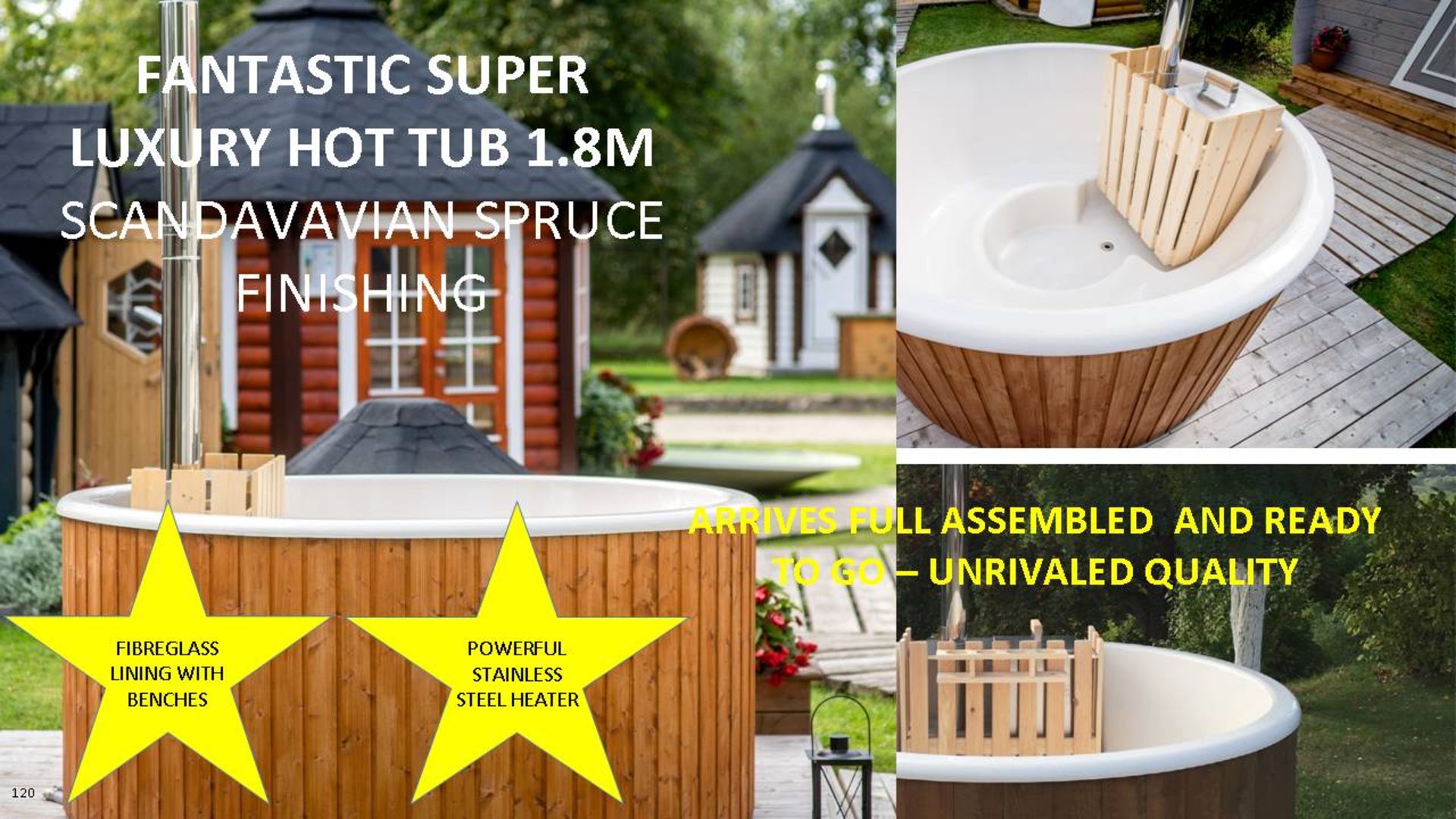 + VAT Brand New Fantastic Super Luxury 1.8m Hot Tub With Spruce Finishing - Complete Fiberglass