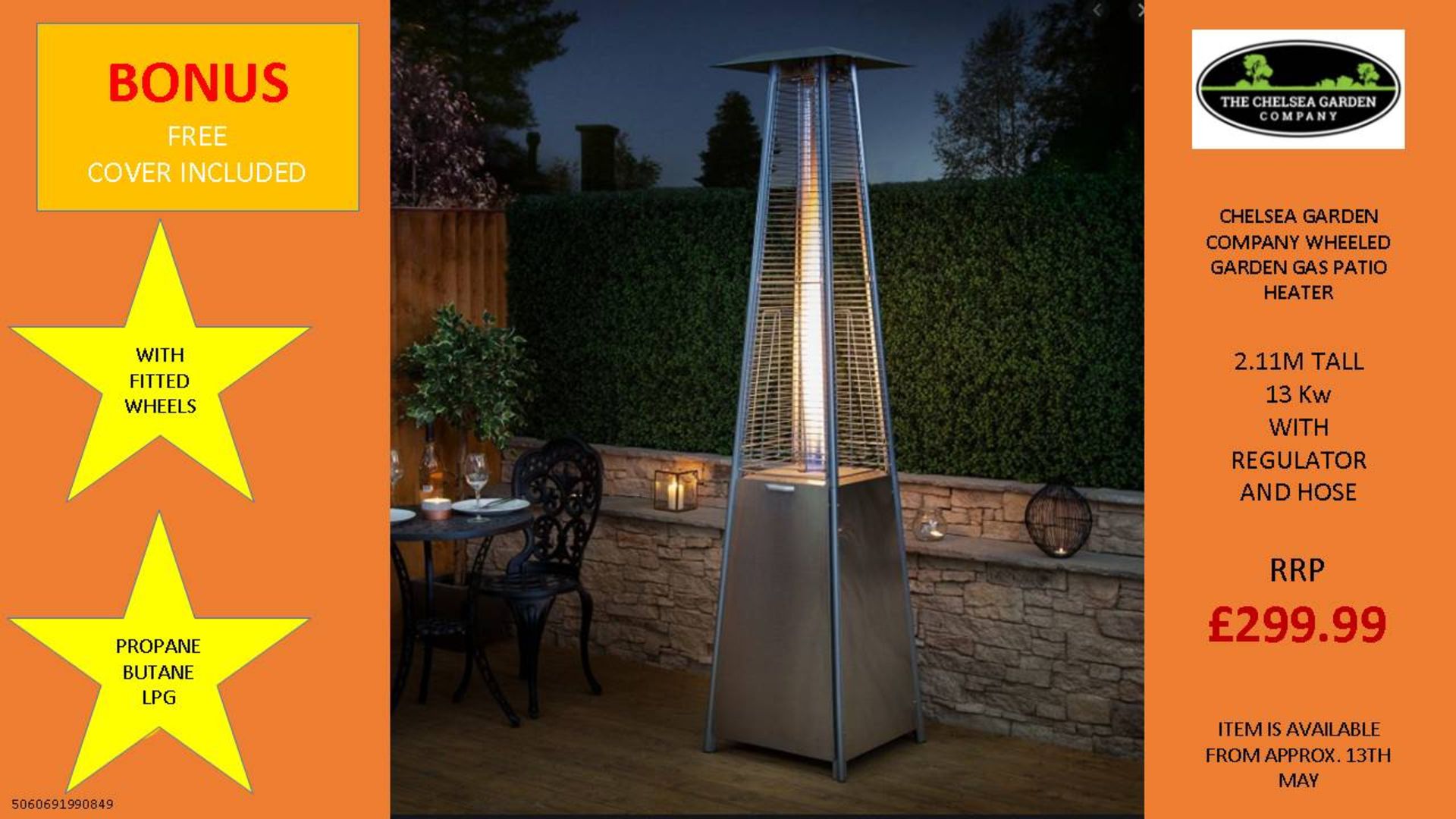 + VAT Brand New Chelsea Garden Company Stainless Steel Gas Patio Heater With Cover - Item is