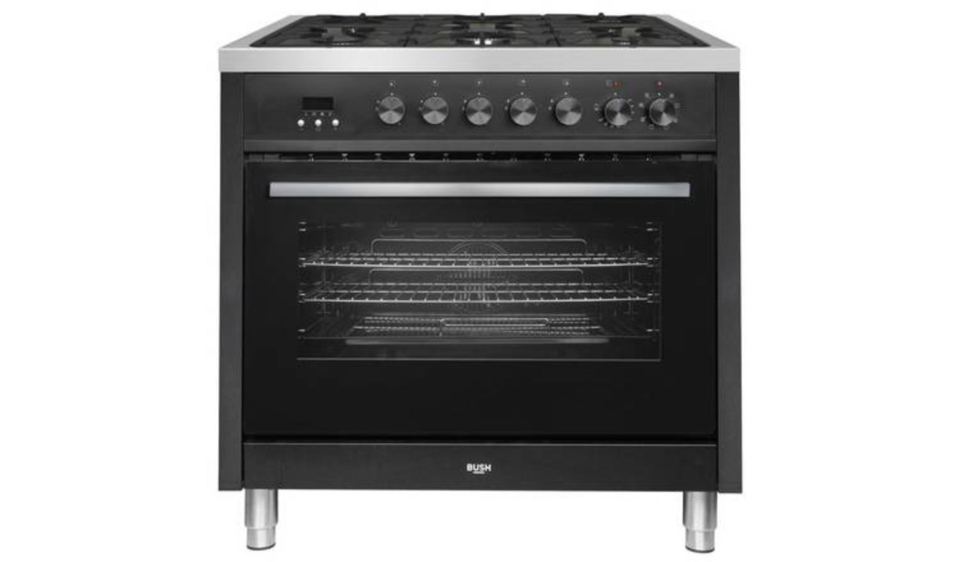 + VAT Grade A/B Bush BRC90DFBLk 90cm Duel Fuel Range Cooker - Oven Capacity 103 Litres - Five Gas