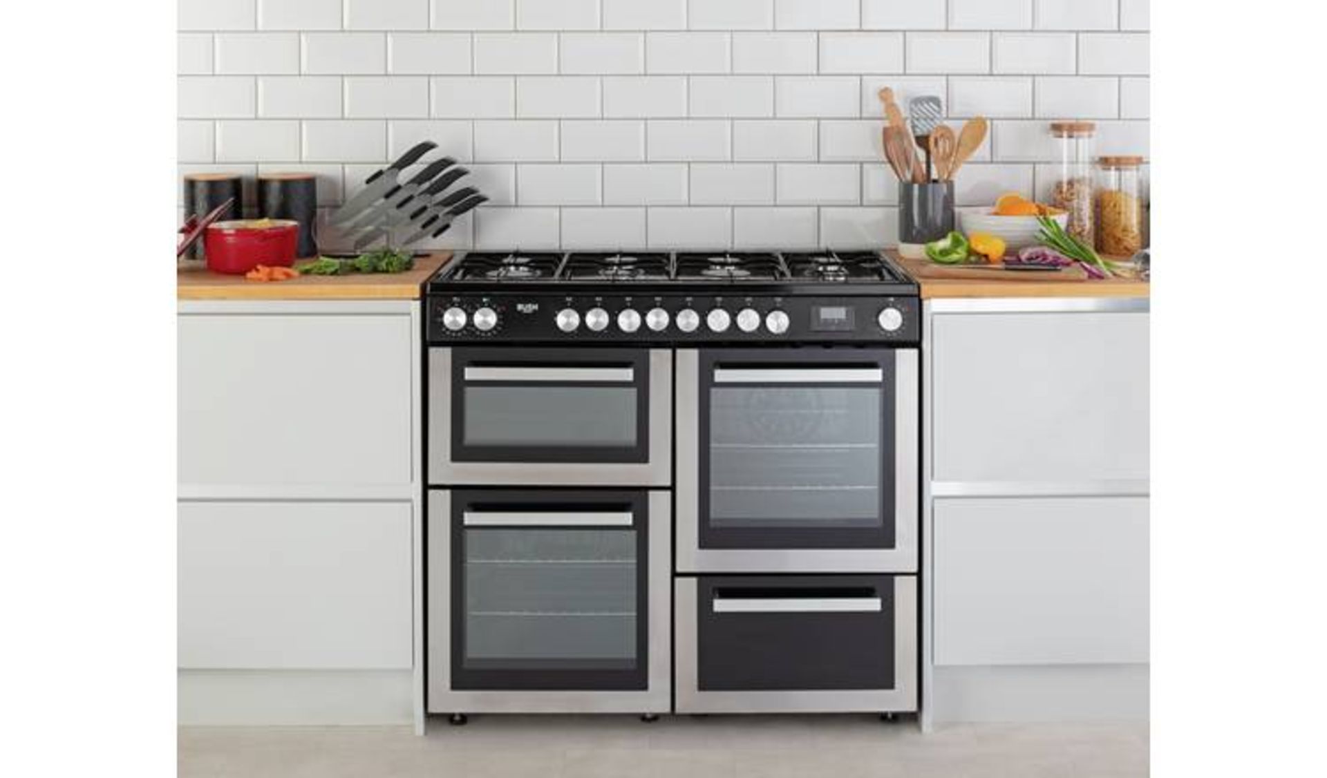 + VAT Grade A/B Bush BRC100DHMSS 100cm Duel Fuel Range Cooker - Four Ovens With 178 Litres Total