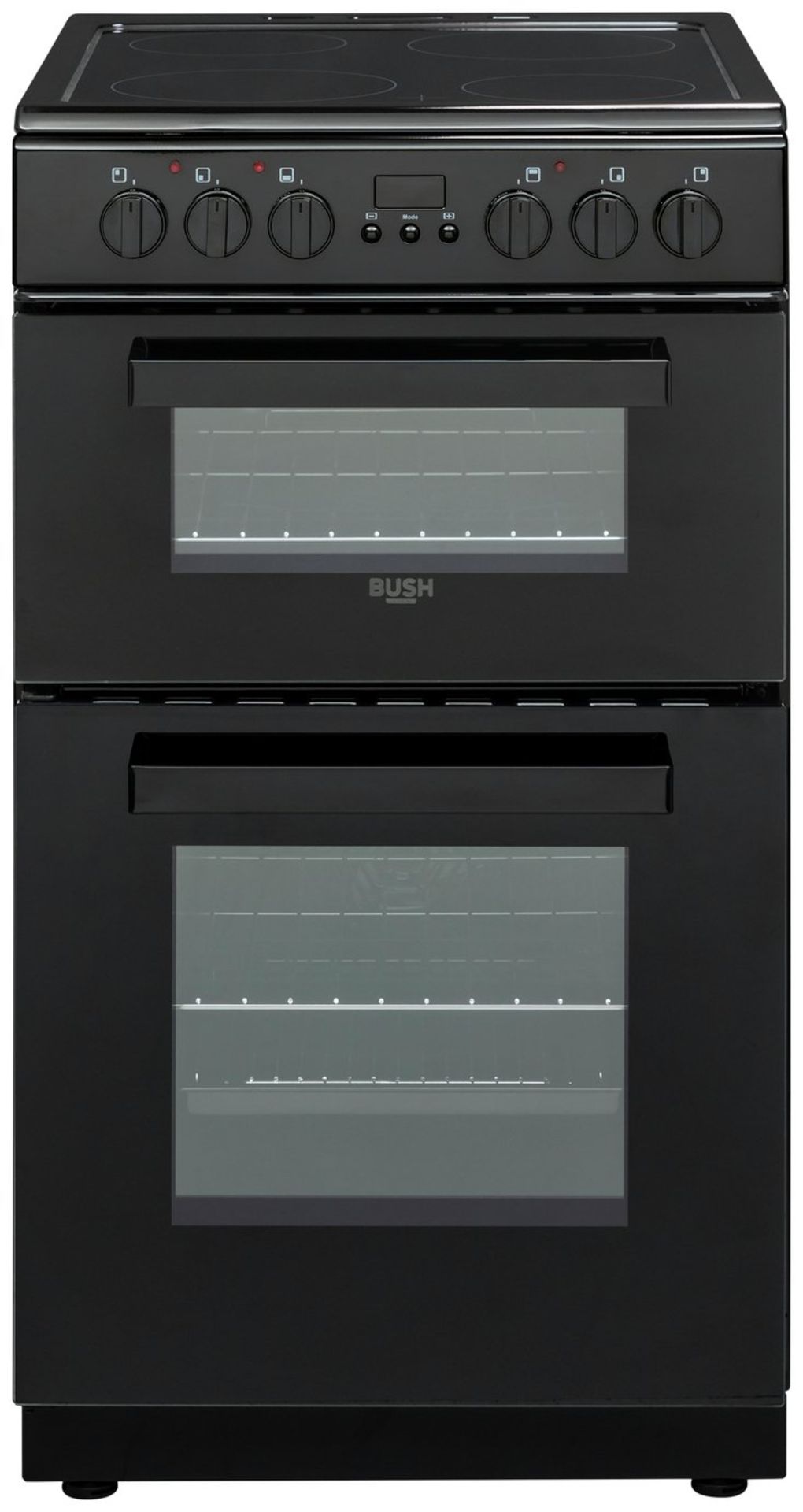 + VAT Grade A/B Bush DHBEDC50B Double Oven Electric Cooker - Four Ceramic Hobs - 50 Litre Capacity