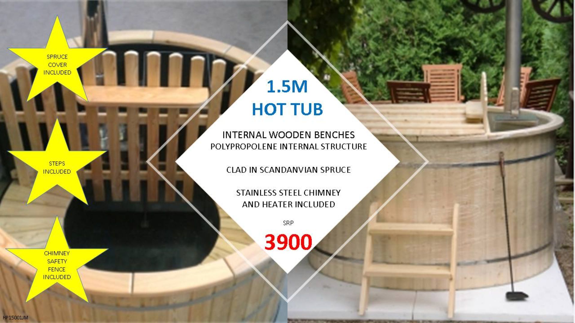 + VAT Brand New 1.5m Hot Tub - Internal Wooden Benches - Polyprolene Internal Structure - Clad In
