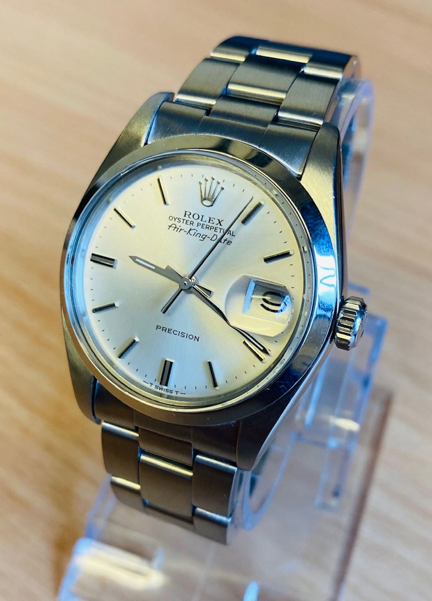 No VAT Gents Vintage Rolex Oyster Perpetual Air-King-Date Stainless Steel Watch With Box And