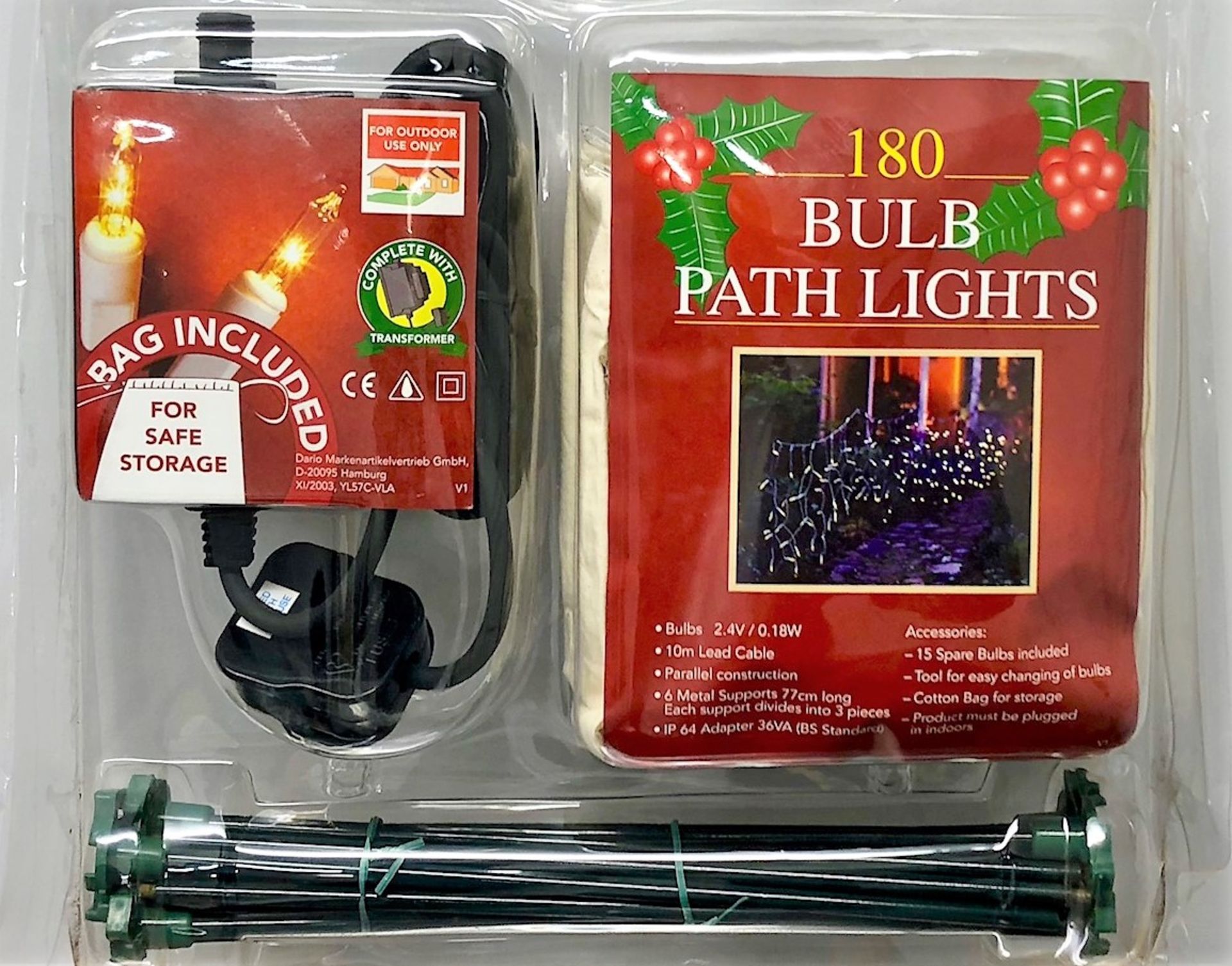 + VAT Brand New 180 Bulb Path Lights - 2.4V / 0.18W Bulbs - 10m Lead Cable - 6 Metal Supports 77cm