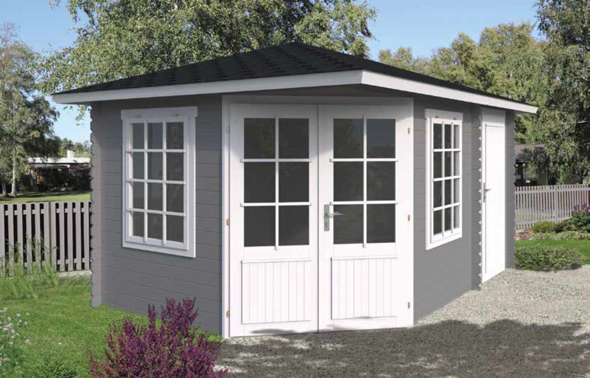 + VAT Brand New 13.2m Sq Cassandra Corner Cabin - 28mm Thickness - 267 x 440 x 300 - Pallet