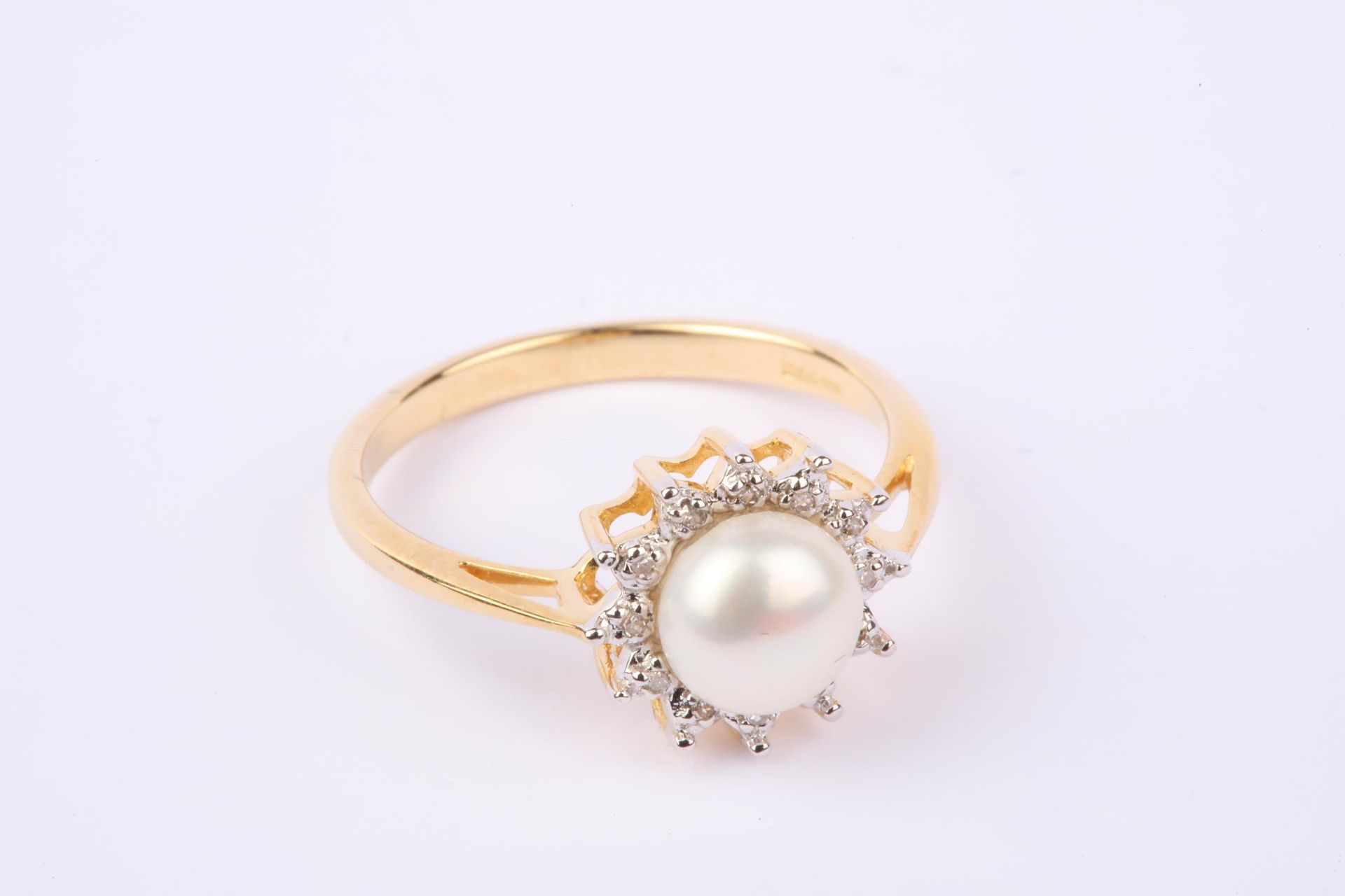 + VAT Brand New Yellow Gold Pearl & Diamond Ring