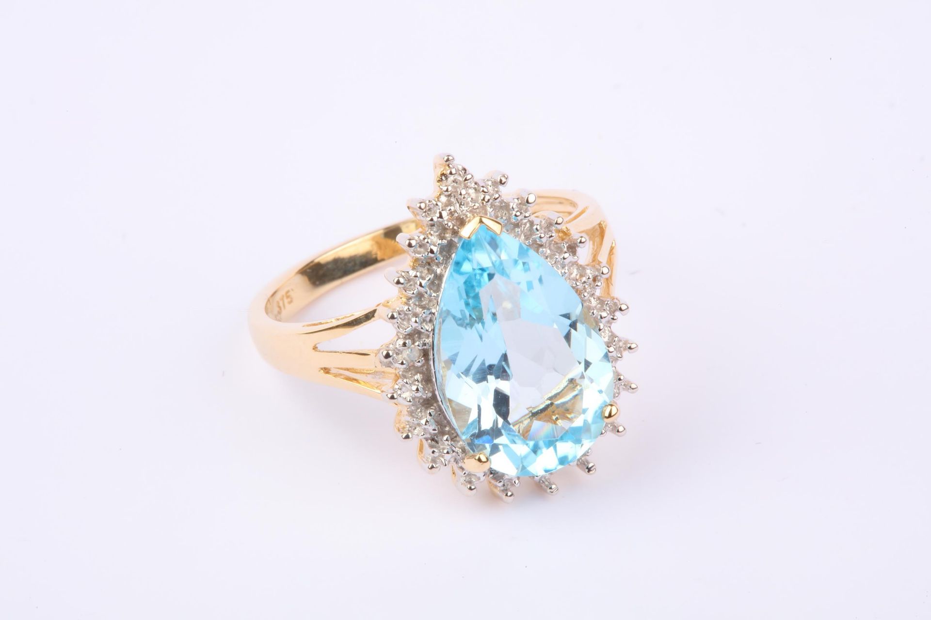 + VAT Brand New Yellow Gold Blue Topaz & Diamond Tear Drop Ring