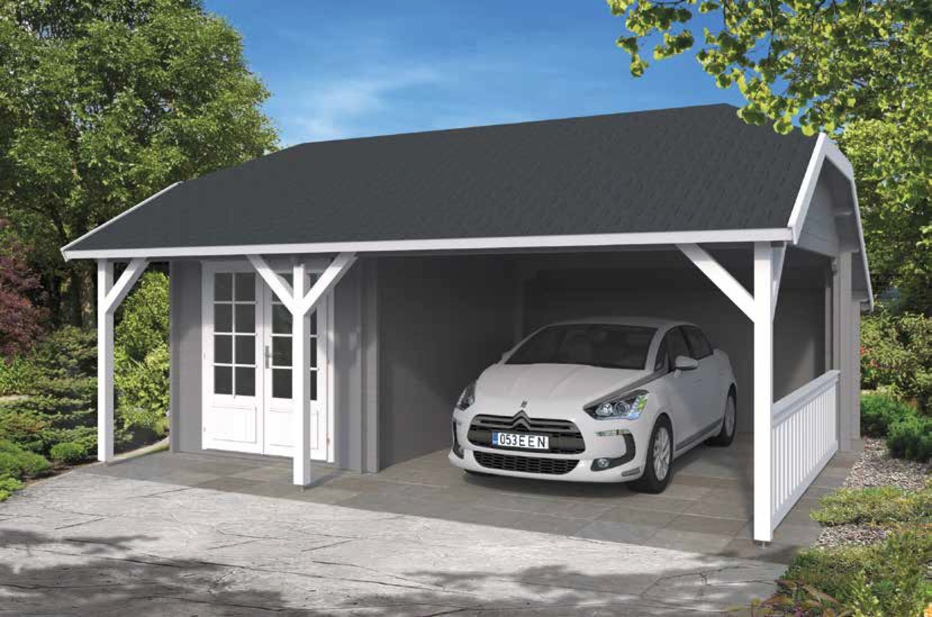 + VAT Brand New 32.70m Sq Spruce Anton Carport Garage - 50mm Thickness - 325 x 635 x 515cm - Pallet