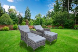 + VAT Brand New Chelsea Garden Company 2 Grey Reclining Sofa Chairs + Footstools And Glass Top