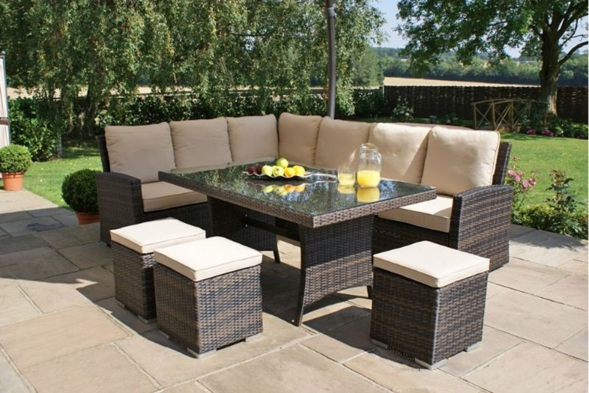 + VAT Brand New Chelsea Garden Company 8-Seater Brown Rattan Corner Dining Set With Ivory - Image 3 of 3