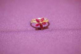 No VAT Brand New WM Ruby & Diamond Flower Shape Ring - 1 Stone Missing