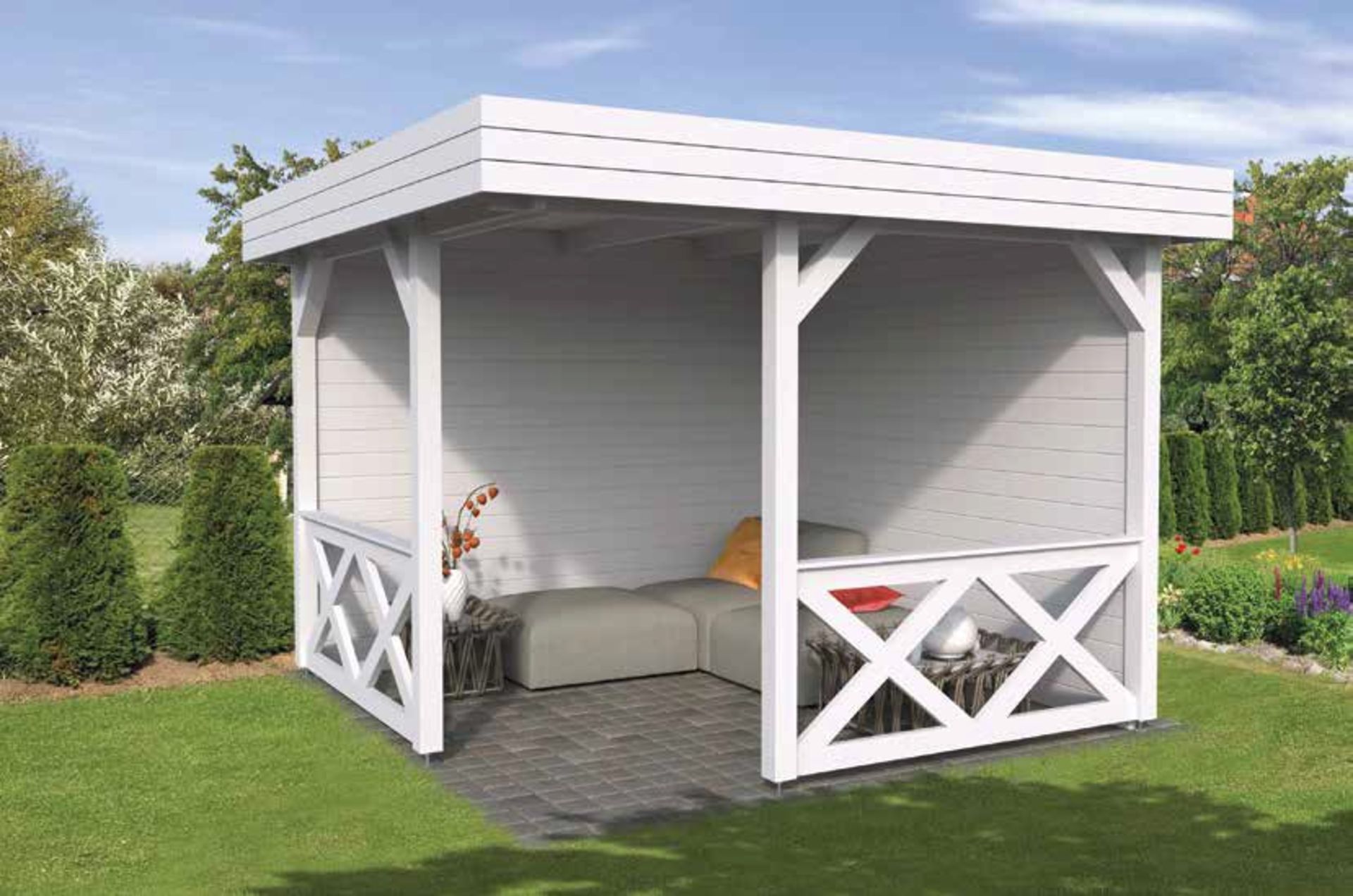 + VAT Brand New 7.72m sq Spruce Pavillion Flat - 28mm Thickness - 230 x 272 x 272cm - Pallet