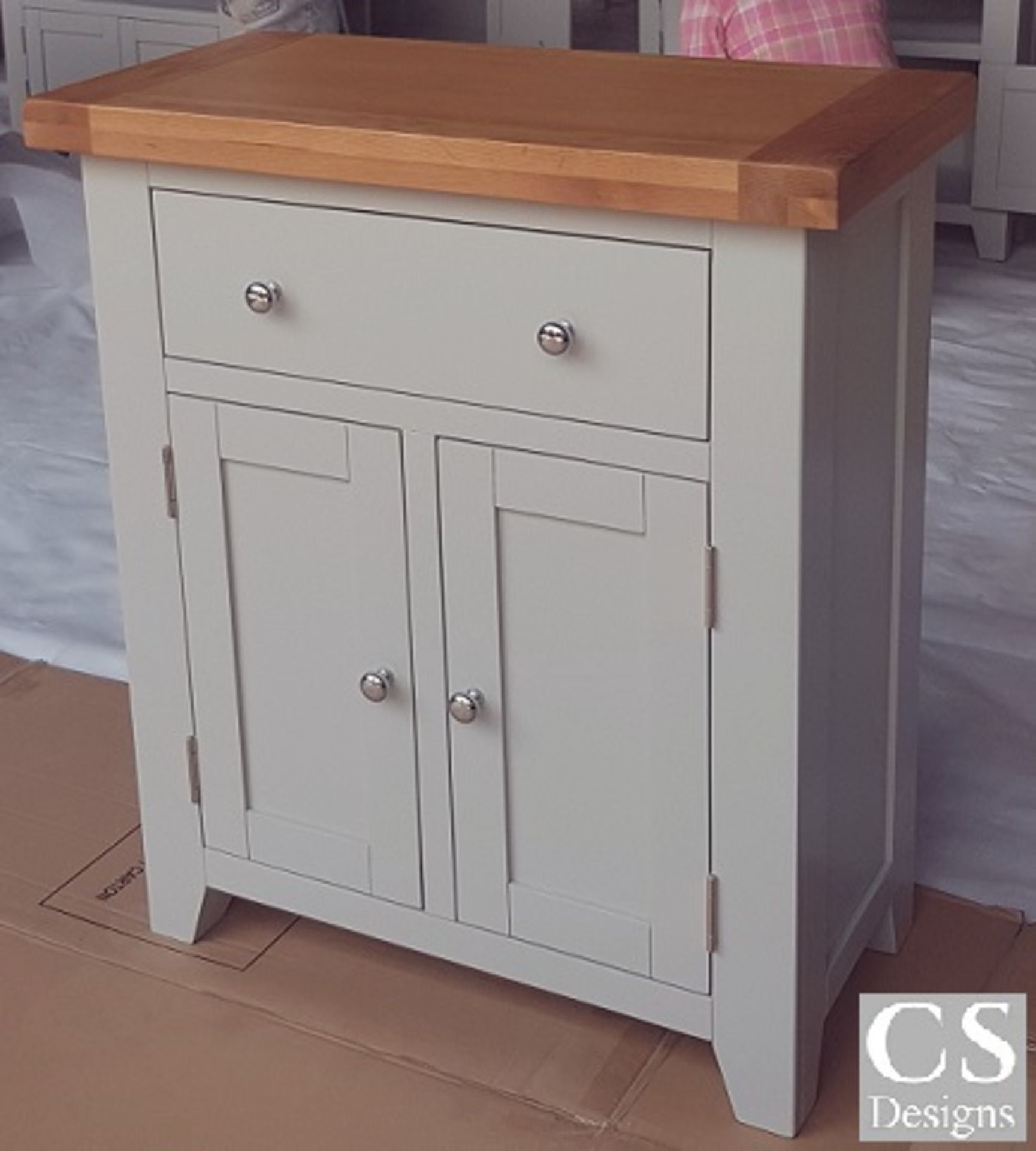 + VAT Brand New CS Designs "Daylesford" Sideboard Cupboard With Natural Oak Tops and Solid Hardwood