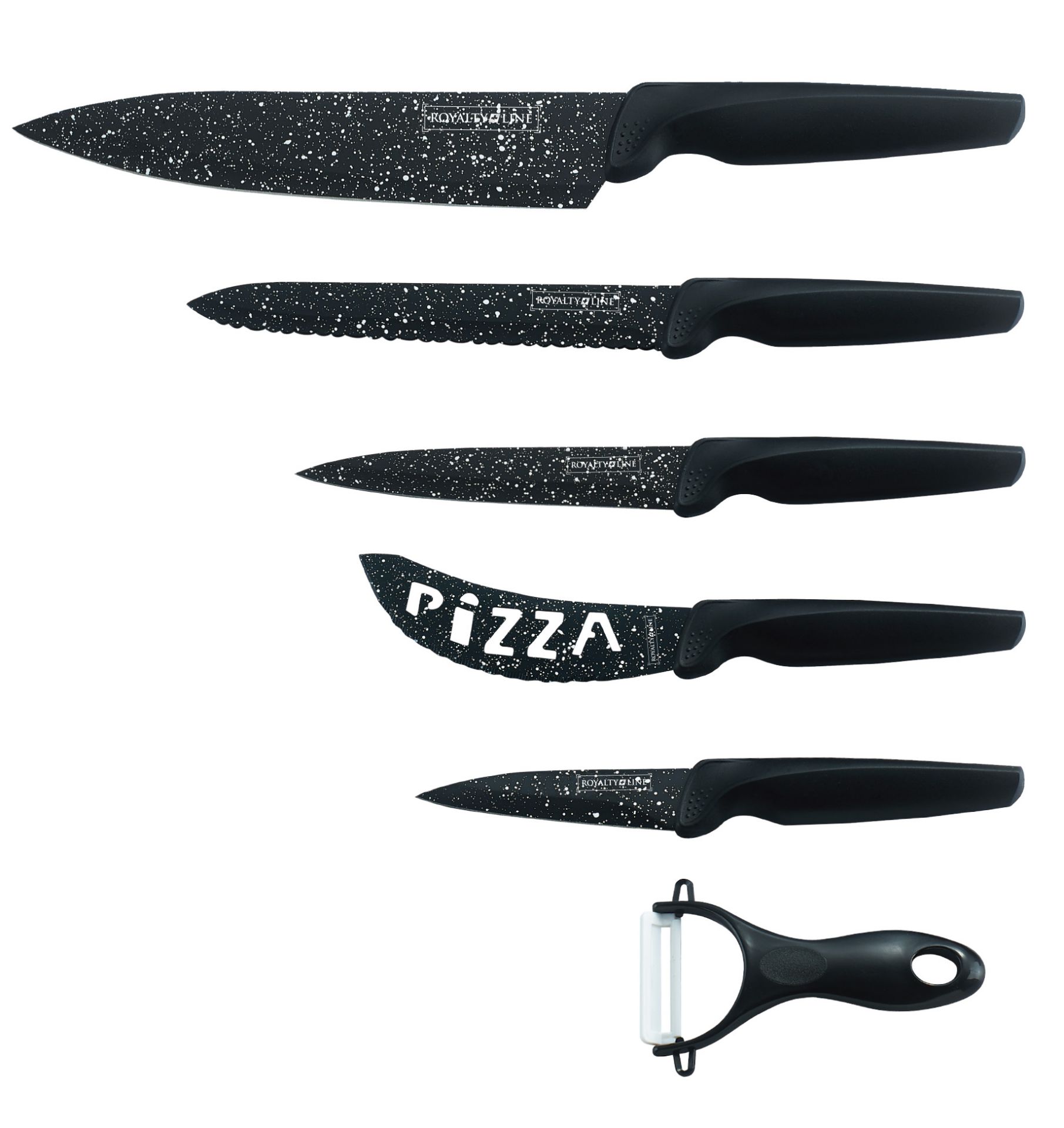 + VAT Brand New Six Piece Marble Coated Knife Set Includes 8 Inch Chef Knife - 6 Inch Bread Knife -