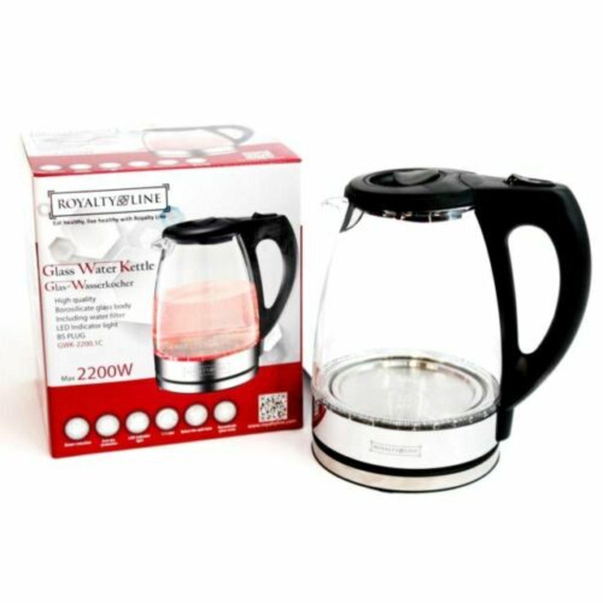 + VAT Brand New 2200w Red LED Glass Water Kettle-1.7L-Split Base-Includes Filter