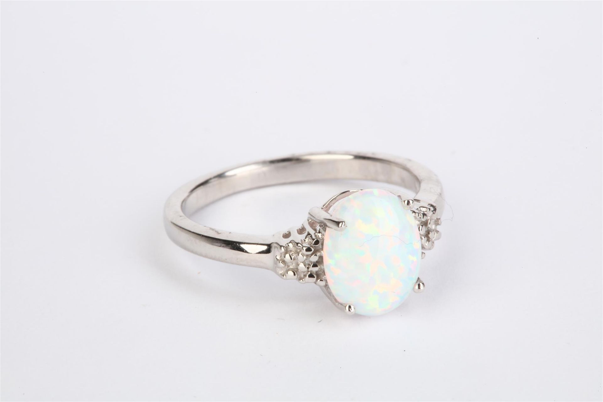 + VAT Ladies Silver Oval Opal & Diamond Ring