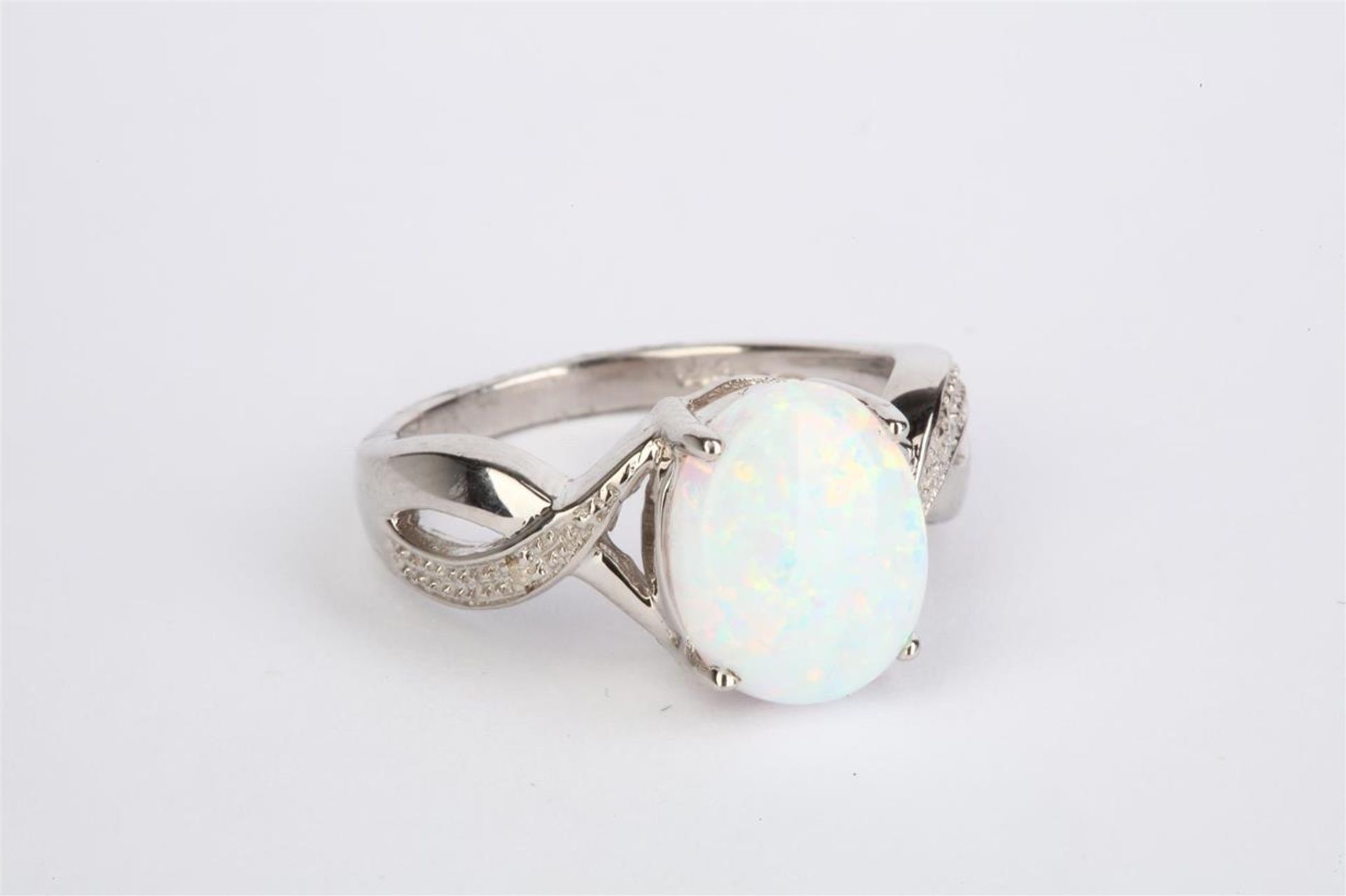 + VAT Ladies Silver Oval Opal & Diamond Ring