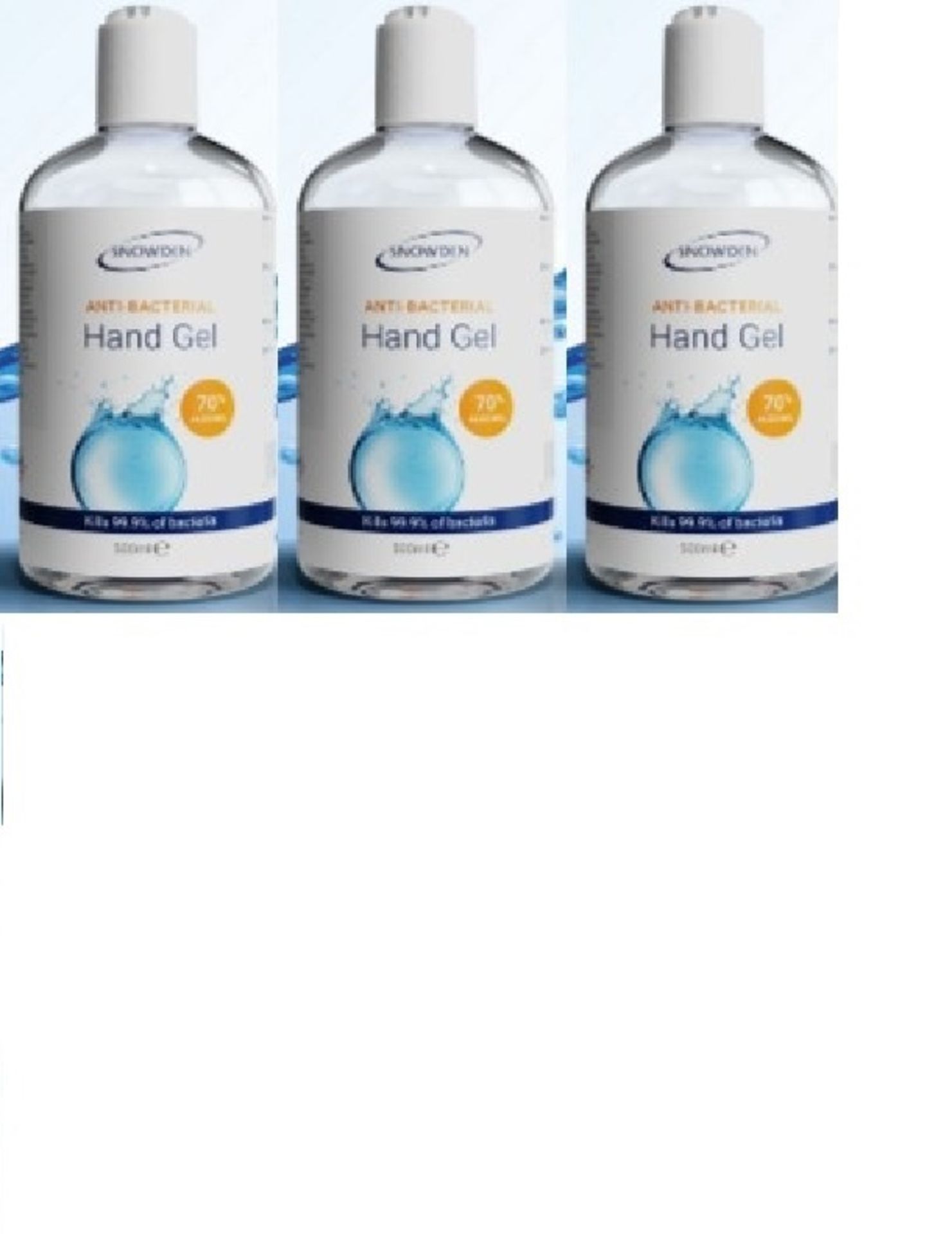 + VAT Brand New 1.5L (3 x 500ml Bottles) Snowden Anti-Bacterial Gel 70% Alcohol - Kills 99.9% Of