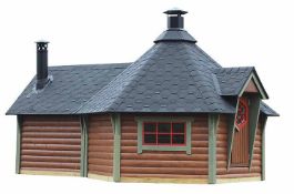 + VAT Brand New 9.00m Sq x 4.00m Sq Spruce BBQ Hut - 297 x 376 x 545cm - 45mm Thickness - Pallet