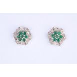 + VAT Pair Ladies Silver Emerald and Diamond Flower Design Earrings