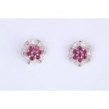+ VAT Pair Ladies Ruby and Diamond Earrings in Flower Design