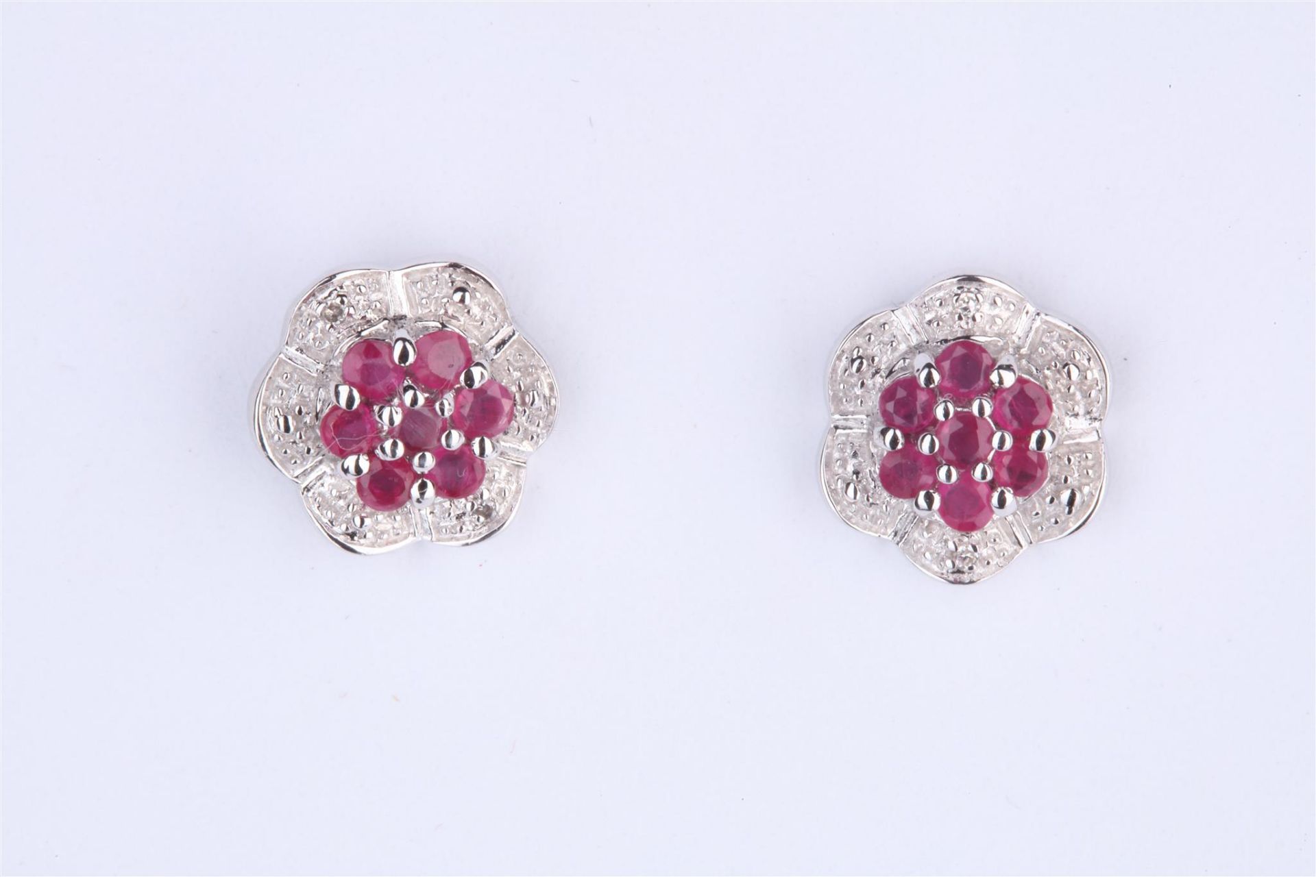 + VAT Pair Ladies Ruby and Diamond Earrings in Flower Design