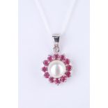 + VAT Ladies Silver Ruby and Pearl Flower Shape Pendant